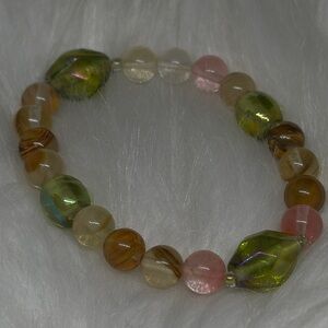 Genuine Watermelon Tourmaline Stretch Bracelet with Vintage Glass Beads